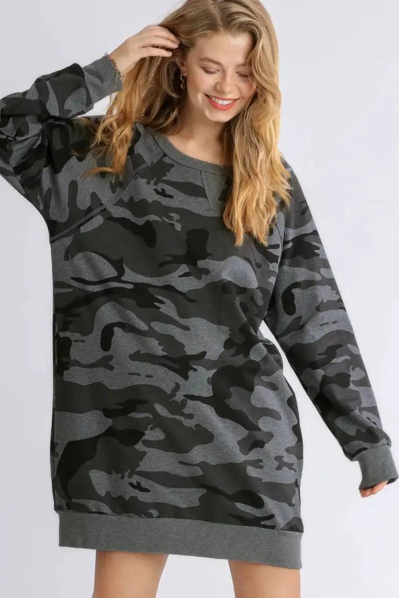 Umgee Full Size Camo Print Ribbed Hem French Terry Mini Dress Plus Size - Love Salve